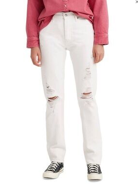 Levi’s 501 White Distressed Straight Leg Jeans Raw Hem W27 L32